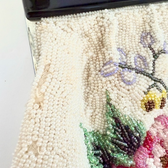 Vintage 50s Beaded Evening Purse Floral Acrylic Top Handle Bag Satin - Picture 10 of 10